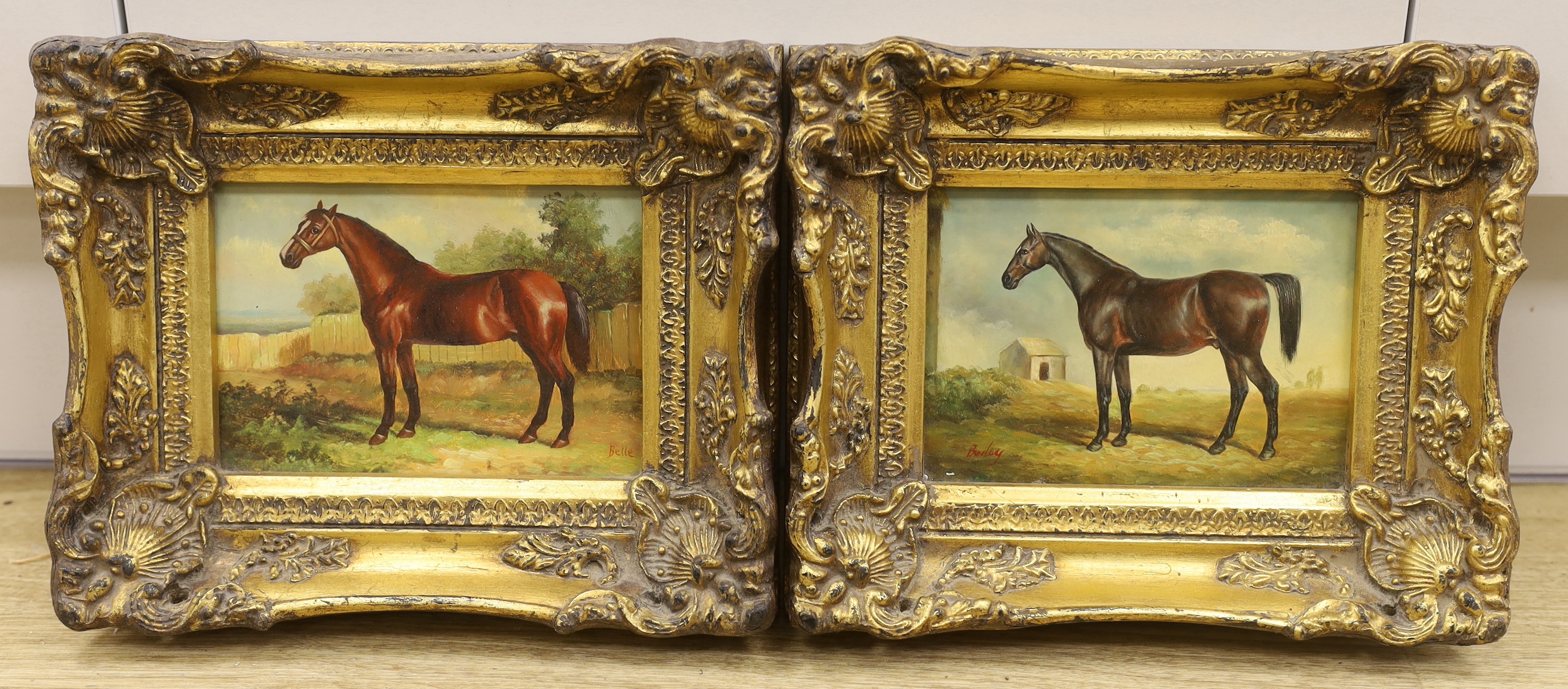 A pair of contemporary oil on boards, Studies of horses, 16.5 x 11.5cm, gilt framed